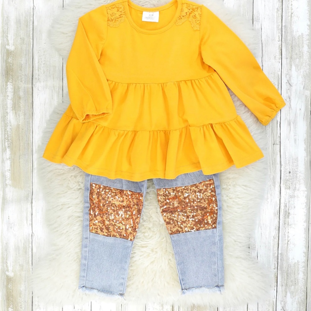MNC, Mustard Lace Tier Top & Distressed Denim Sequin Outfit, Size M (3yrs), NEW